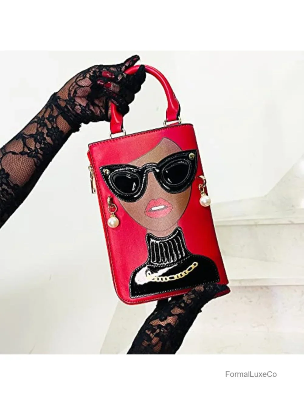 Novelty Lady Face Satchel Handbag Faux Leather Top Handle Purse with Chain